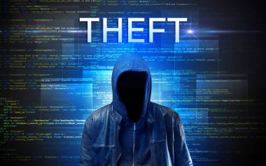 İkili kod arka planında THFT yazılıma sahip yüzsüz hacker