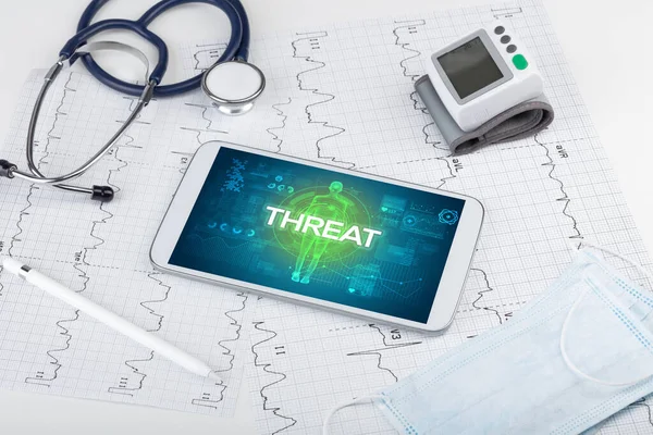 Tablet Doctor Tools Threat Inscription Coronavirus Concept — Stock Photo, Image