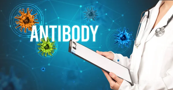 Lékař Předepíše Předpis Nápisem Antibody Pandemický Koncept — Stock fotografie