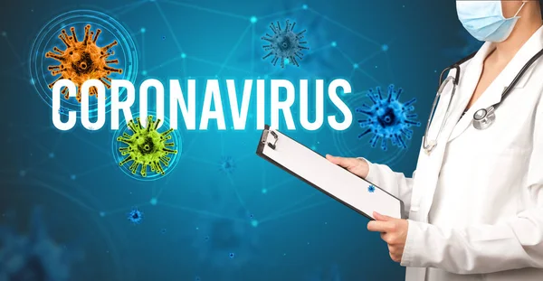 Médico Prescribe Una Prescripción Con Inscripción Coronavirus Concepto Pandémico — Foto de Stock