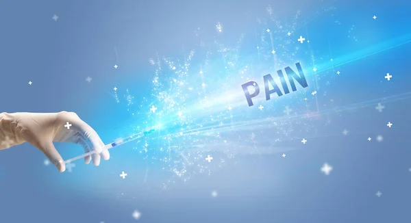 Spritze Medizinische Injektion Der Hand Mit Pain Aufschrift Medizinisches Gegenmittel — Stockfoto