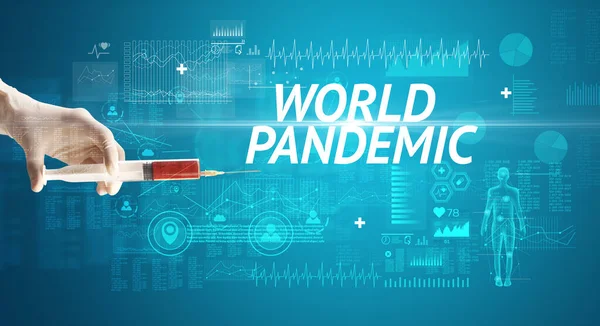 Injekční Jehla Virovou Vakcínou Nápisem World Pandemic Koncept Antidota — Stock fotografie