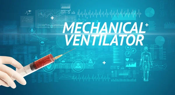 Injekční Jehla Virovou Vakcínou Nápisem Mechanical Ventilator Koncept Antidota — Stock fotografie