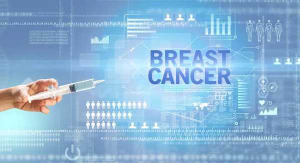 Крупный План Врачей Белой Перчатке Держащей Шприц Надписью Breast Cancer — стоковое фото