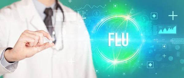 Detailní Záběr Lékaře Který Vám Dává Pilulku Zkratkou Flu Virologický — Stock fotografie