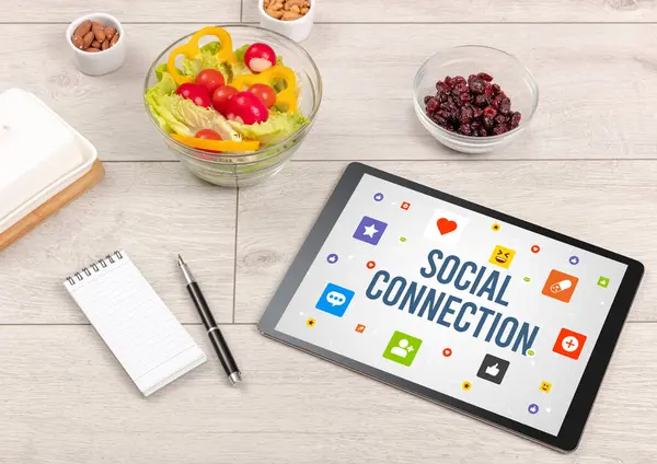 Compostage Sain Tablette Avec Inscription Connection Sociale Concept Réseautage Social — Photo