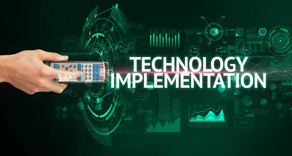 Mão Segurando Periférico Sem Fio Com Inscrição Tecnologia Implementação Conceito — Fotografia de Stock