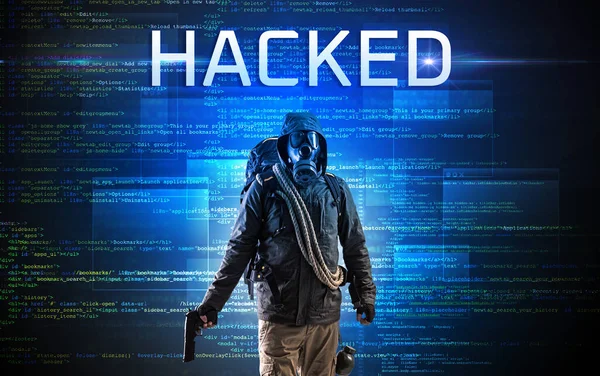 Gezichtloze Hacker Met Gehackte Inscriptie Een Binaire Code Achtergrond — Stockfoto