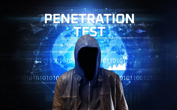 Gesichtsloser Hacker Bei Der Arbeit Mit Der Aufschrift Penetration Test — Stockfoto