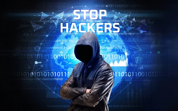 Hacker Sans Visage Travail Avec Inscription Stop Hackers Concept Sécurité — Photo