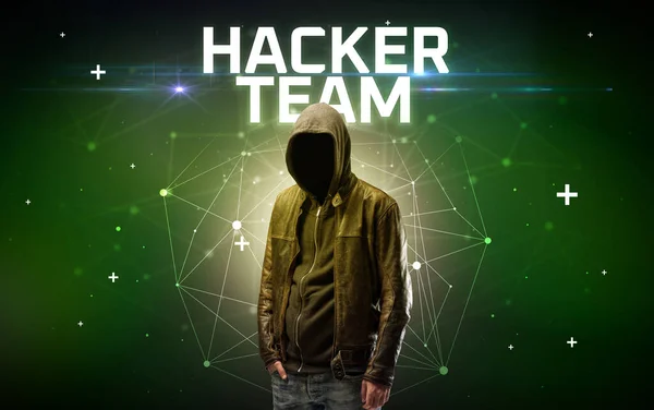 Mysterieuze Hacker Met Hacker Team Inscriptie Online Aanval Concept Inscriptie — Stockfoto