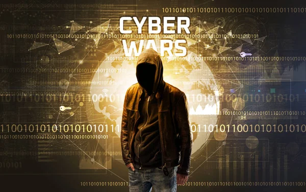 Bezimienny Haker Pracy Napisem Cyber Wars Koncepcja Zabezpieczeń Komputerowych — Zdjęcie stockowe