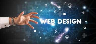 WeB DESIGN yazıtlarına el işareti, modern teknoloji kavramı