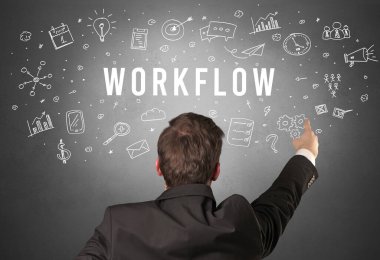 WorKFLOW yazıtları olan bir iş adamının arka görünüşü, modern iş kavramı
