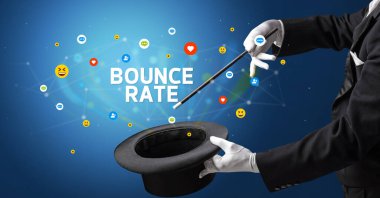 Sihirbaz BOUNCE Oranı yazıtları, sosyal medya pazarlama konseptiyle sihirbazlık numarası gösteriyor