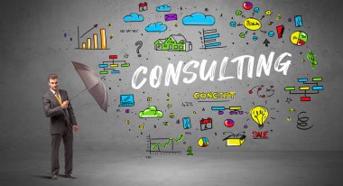 Şemsiyenin arkasına saklanan azimli iş adamı. Yazı, yeni iş konsepti.