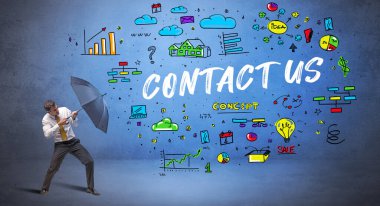 Şemsiyenin arkasına saklanan kararlı işadamı CONTACT ABD yazıtları, yeni iş konsepti