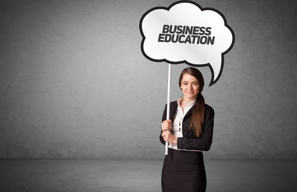 Young Business Person Casual Holding Road Sign Business Education Inscription — Stock Photo, Image