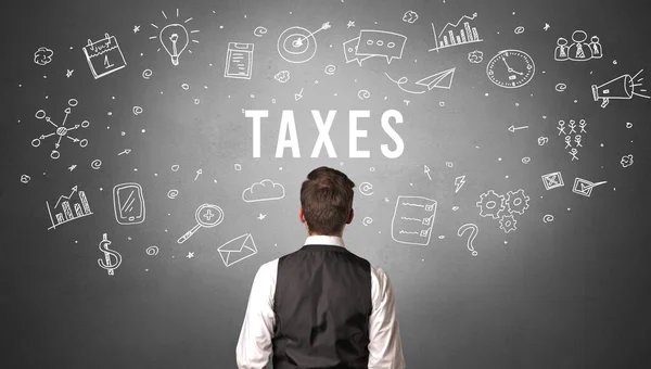 Οπίσθια Όψη Επιχειρηματία Επιγραφή Taxes Σύγχρονη Επιχειρηματική Έννοια — Φωτογραφία Αρχείου