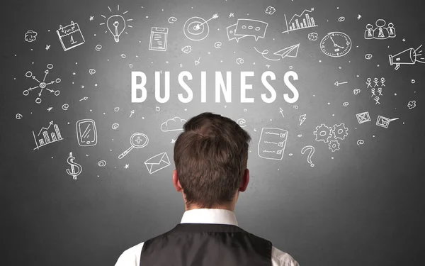 Vista Posteriore Uomo Affari Con Iscrizione Business Concetto Business Moderno — Foto Stock