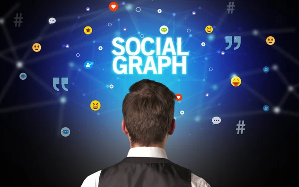 Rückansicht Eines Geschäftsmannes Mit Social Graph Aufschrift Social Networking Konzept — Stockfoto