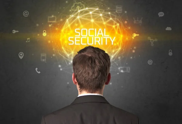Οπίσθια Όψη Επιχειρηματία Επιγραφή Κοινωνικησ Ασφαλισησ Έννοια Της Online Ασφάλειας — Φωτογραφία Αρχείου
