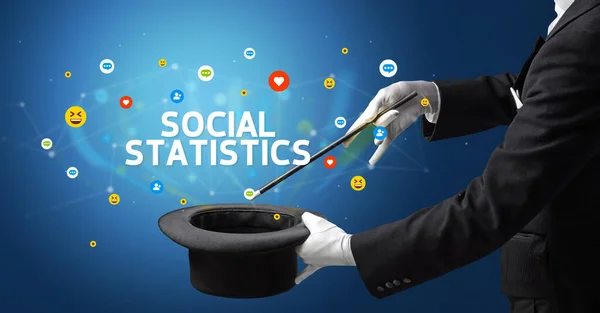 Sihirbaz Social Statistics Yazıtları Sosyal Medya Pazarlama Konseptiyle Sihirbazlık Numarası — Stok fotoğraf