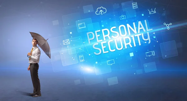 Businessman Defending Umbrella Cyber Attack Personal Security Inscription Online Security — Stock Photo, Image