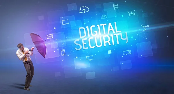 Affärsman Som Försvarar Med Paraply Från Cyberattack Och Digital Security — Stockfoto