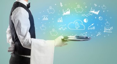 Üzerinde bulut simgeleri olan smokin tepsisi taşıyan yakışıklı garson, küresel piyasa konsepti.