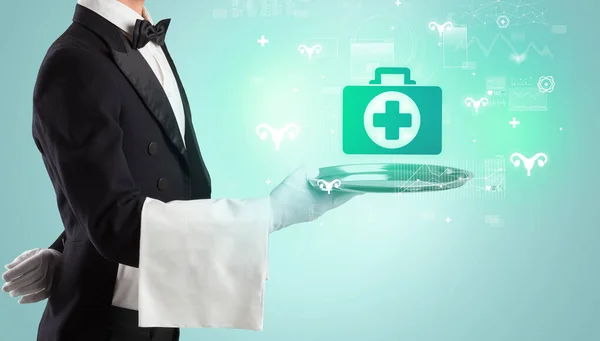 Handsome Young Waiter Tuxedo Holding Tray First Aid Icons Tray — Stock Photo, Image