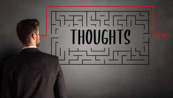 Businessman Drawing Maze Thoughts Inscription Business Education Concept — 스톡 사진