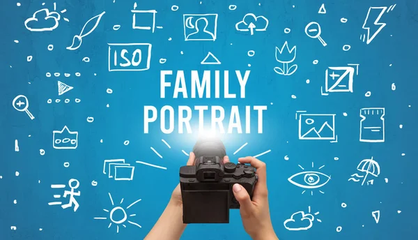 Hand Taking Picture Digital Camera Family Portrait Inscription Camera Settings — Stock Photo, Image