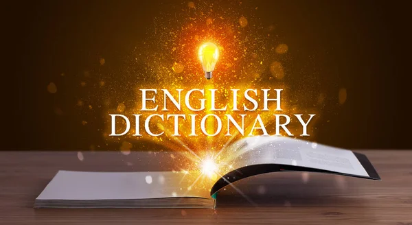 Αγγλικό Λεξικό Επιγραφή Βγαίνει Από Ένα Ανοιχτό Βιβλίο Εκπαιδευτική Έννοια — Φωτογραφία Αρχείου