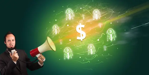 Young Person Yelling Megaphone Dollar Icon Currency Exchange Concept — Stock Photo, Image