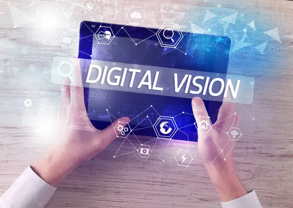 Close Tablet Searching Digital Vision Inscription Tech Computing Concept — Stock Photo, Image