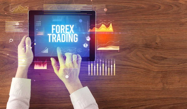 Close Hands Holding Tablet Forex Trading Inscription Modern Business Concept — Stok Foto