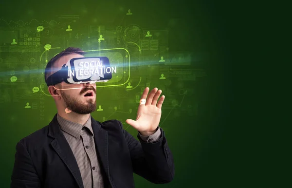 Businessman Looking Virtual Reality Glasses Social Integration Inscription Social Networking — Stockfoto