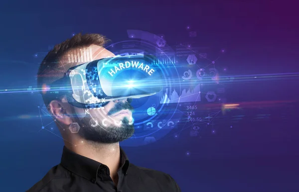 Businessman Looking Virtual Reality Glasses Hardware Inscription Innovative Technology Concept — Stock Photo, Image