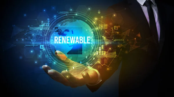 Elegancki Napis Dłoni Renewable Koncepcja Technologii Cyfrowej — Zdjęcie stockowe