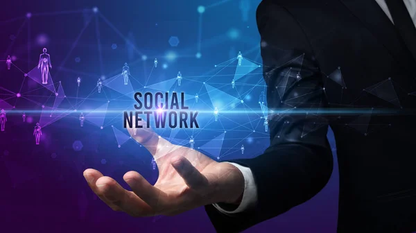 Elegáns Kézfogás Social Network Felirat Szociális Hálózati Koncepció — Stock Fotó