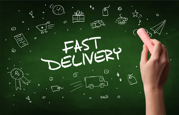 Handtekening Fast Delivery Inscriptie Met Wit Krijt Schoolbord Online Shopping — Stockfoto