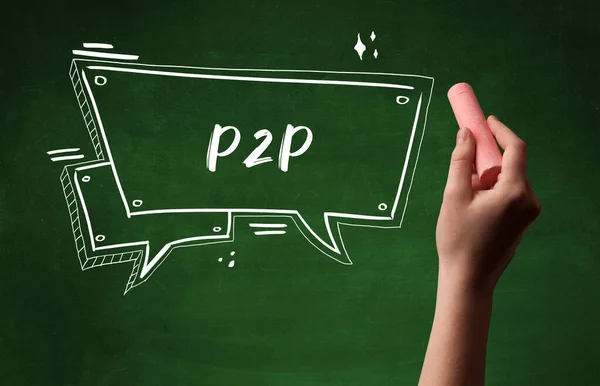ブラックボード上の白いチョークでP2Pの略語を描く手 — ストック写真