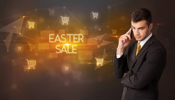 Empresário Com Ícones Carrinho Compras Inscrição Easter Venda Conceito Compras — Fotografia de Stock