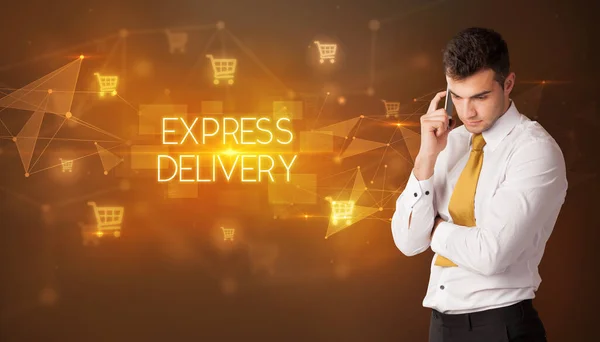 Uomo Affari Con Icone Del Carrello Iscrizione Express Delivery Concetto — Foto Stock