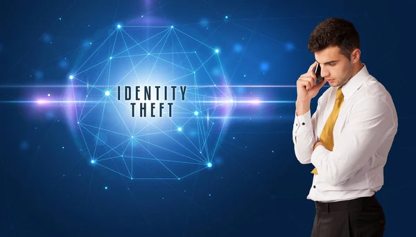 Homme Affaires Réfléchissant Des Solutions Sécurité Avec Identity Theft Inscription — Photo