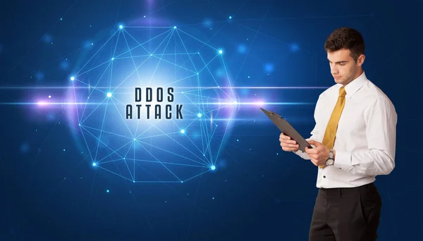 Uomo Affari Pensando Soluzioni Sicurezza Con Iscrizione Ddos Attack — Foto Stock