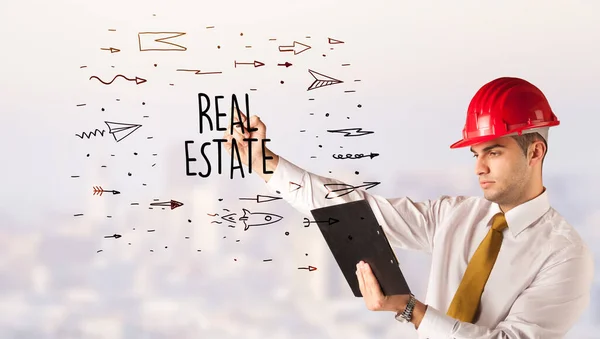 Красивий Бізнесмен Шоломом Малюнком Real Estate Напис Концепція Контрастності Продажу — стокове фото