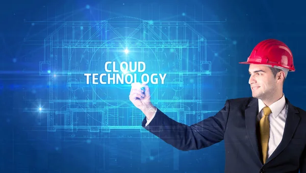 Όμορφος Αρχιτέκτονας Κράνος Σχέδιο Cloud Technology Επιγραφή Νέα Έννοια Της — Φωτογραφία Αρχείου