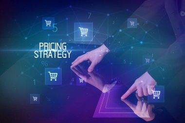 FRICING STRATEGY yazıt konseptiyle online alışveriş, alışveriş arabası simgeleri